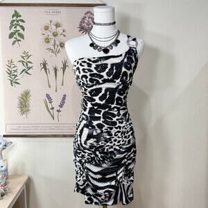 Vintage 90s Y2k Leopard Ruched One Shoulder Mini Dress Trashy McBling Sexy S M